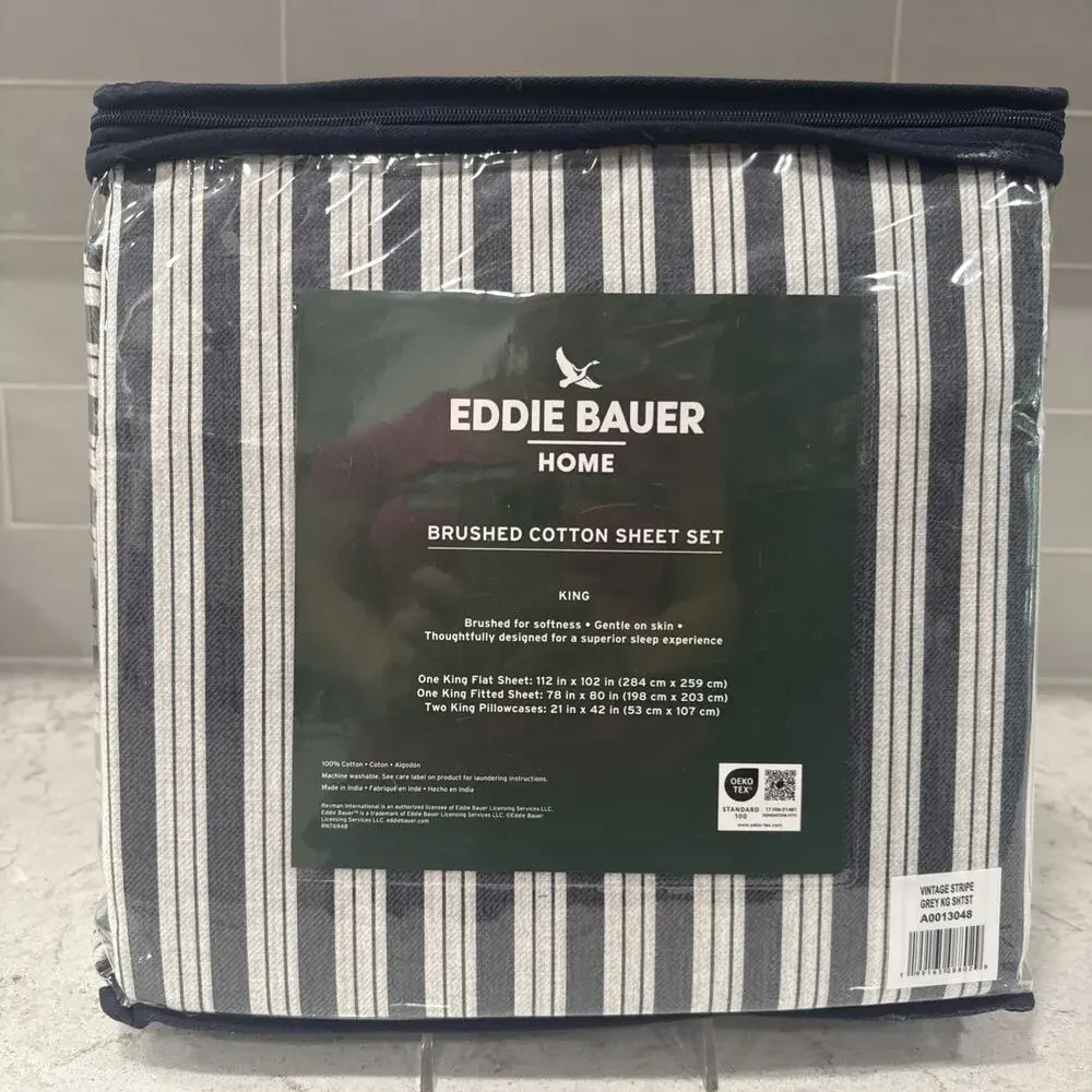 4 pc KING Size Eddie Bauer VINTAGE STRIPE Gray 100% Brushed Cotton Sheet Set NEW